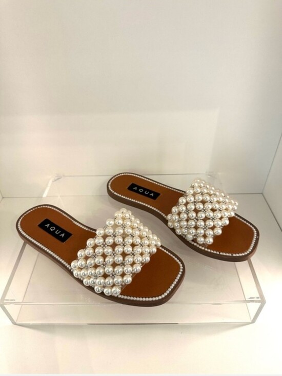 Aqua Shoes - AQUA Pearl-Embellished Tan Slide Sandals